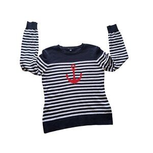 Brooks Brothers Nautical Black & White Striped Sweater Red Anchor Womens Med